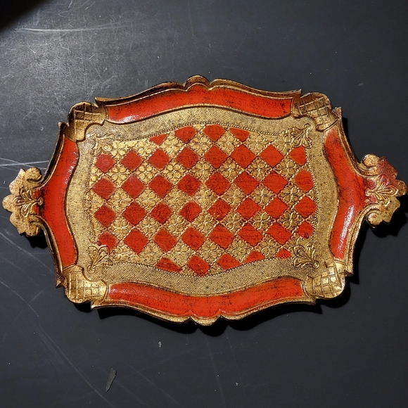 Vintage Italian Red & Gold Gilt Painted Florentine Wood Tray - Picture 1 of 2